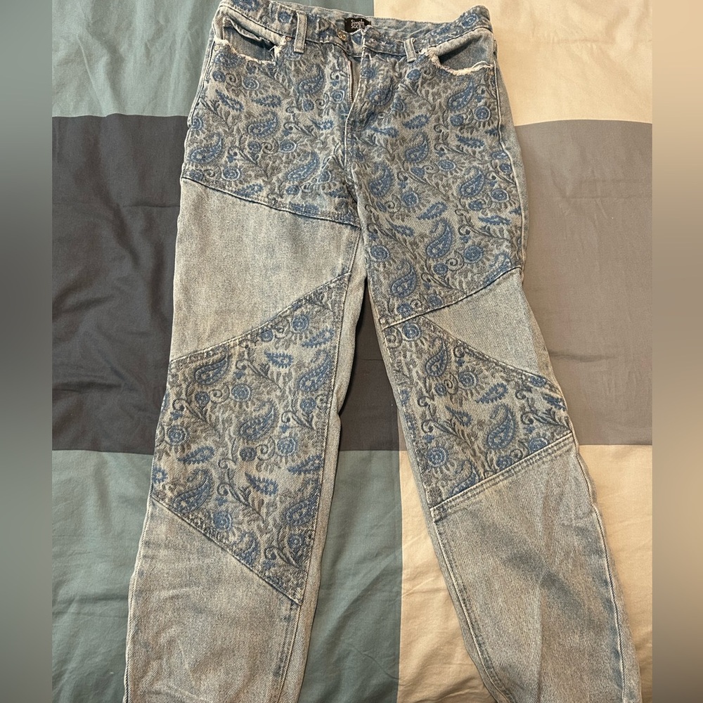 Paisley Patterned Blue Straight Leg Jeans